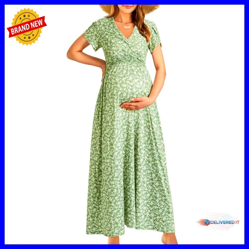 Maternity Maxi Dress Wrap V-Neck Nursing Summer Dress for Photoshoot
